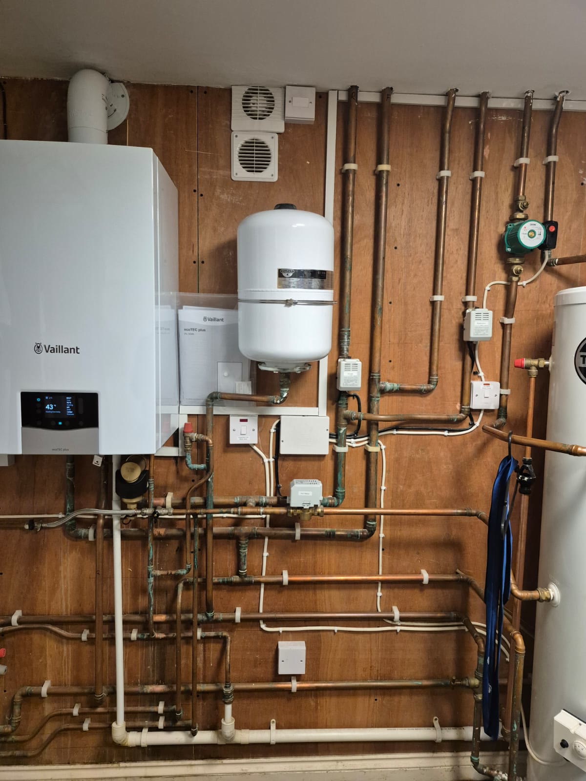 Boiler installation with copper pipework in a utility room